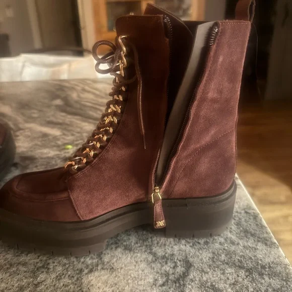 Sam Edelman Plum Suede Lace-Up Boots with Gold Accents - Picture 1 of 6